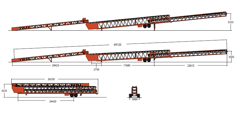 Габаритные размеры передвижных радиальных конвейеров Superior 2320 Extender